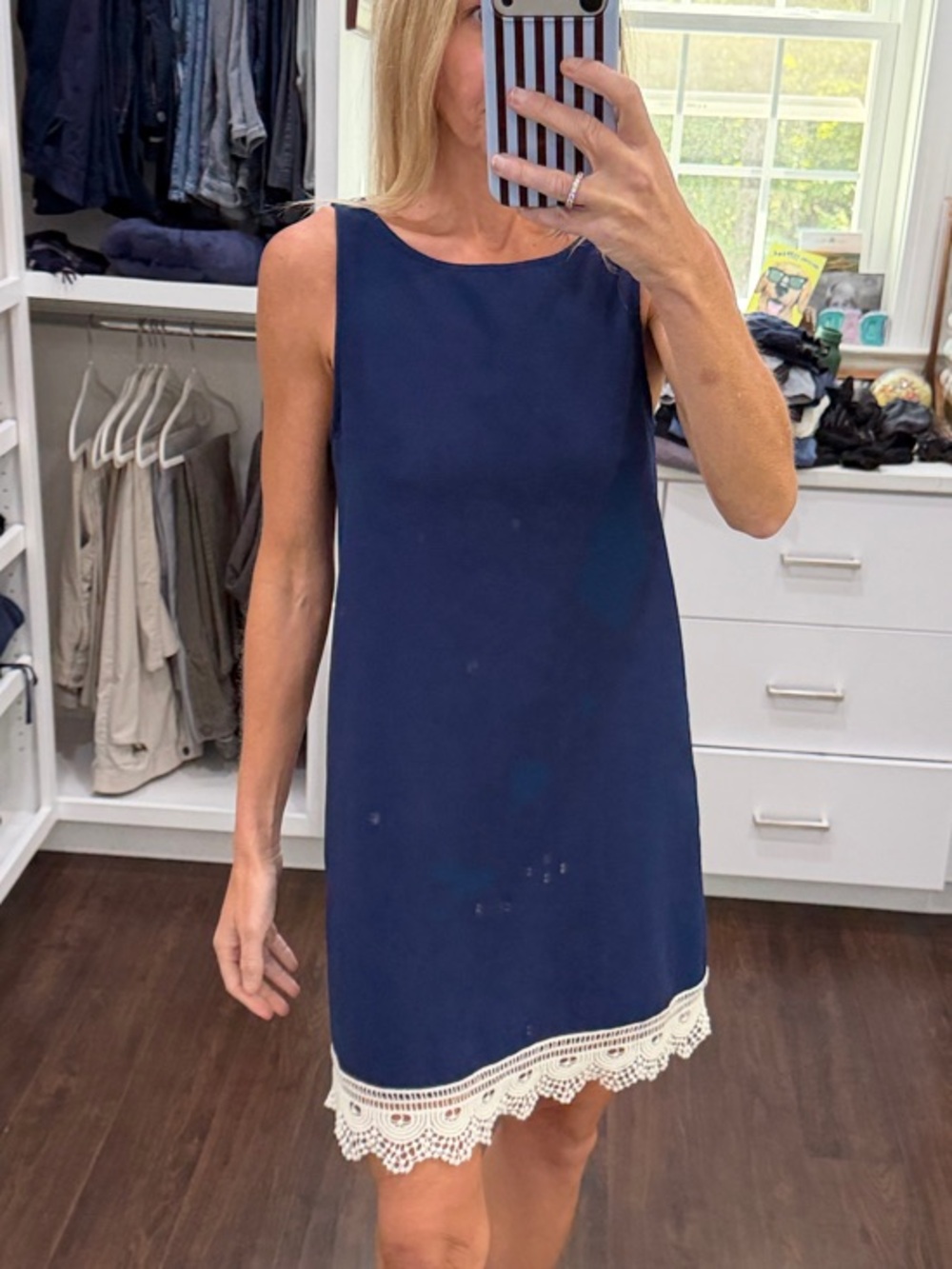 Everly Navy Shift Dress with Cream Lace Trim